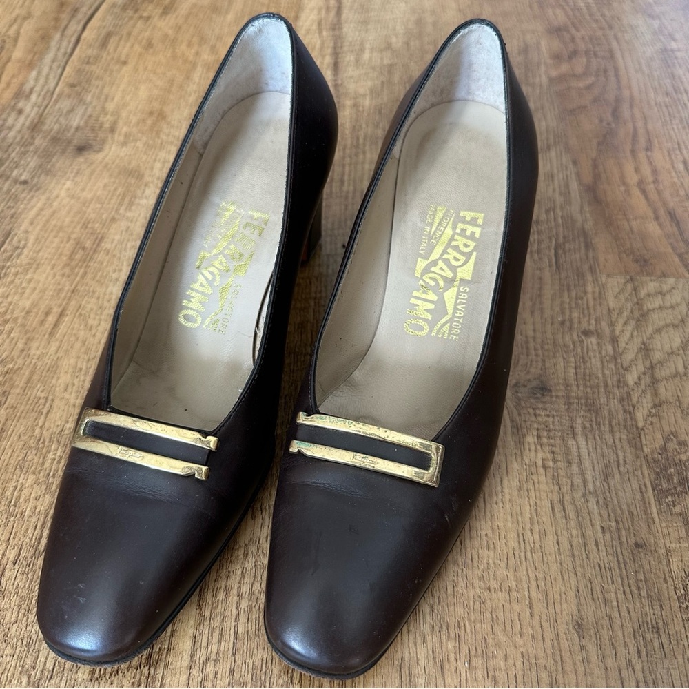 Salvatore Ferragamo Brown and Gold Heels
